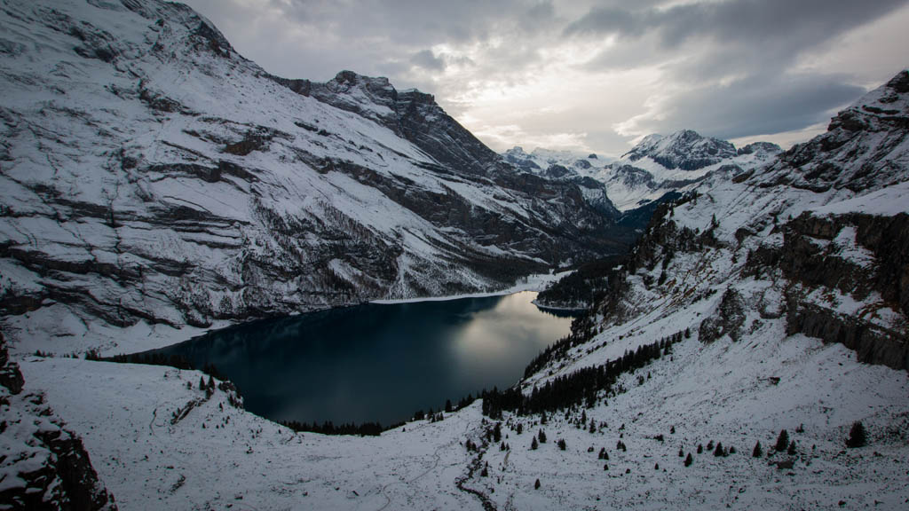 The final view of Oeschinen Lake and the surrounding scenery, before turning back.